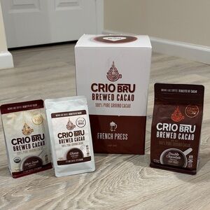 NEW Crio Bru French press & 3 bags of Brewed Cacao Variety Pack